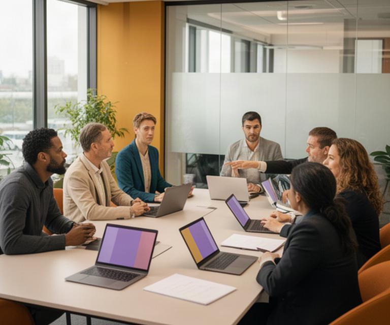 Team di professionisti riunito attorno a un tavolo con laptop e documenti di lavoro